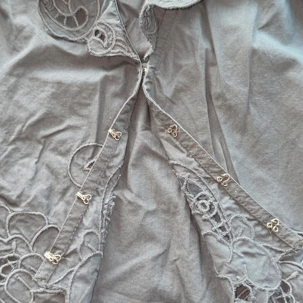 Free People Black Eyelet Embroidered Scallop V-Neck Blouse Top Ruffle Cuff S